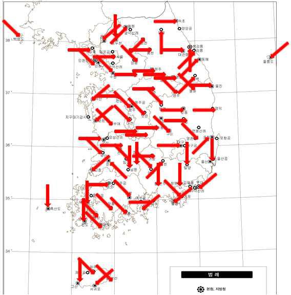 전국 지상관측소의 풍향 비교