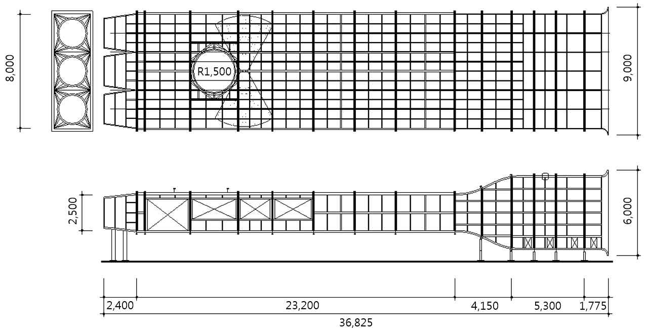 Plane and side figures of the wind tunnel at the TESolution Co., Anseong-si, Gyeonggi-do, Korea