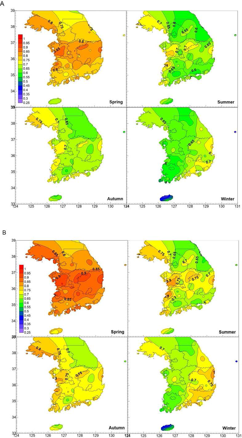 Estimation of seasonal average (A) and maximum (B) required irrigation amounts per plant in Korea.