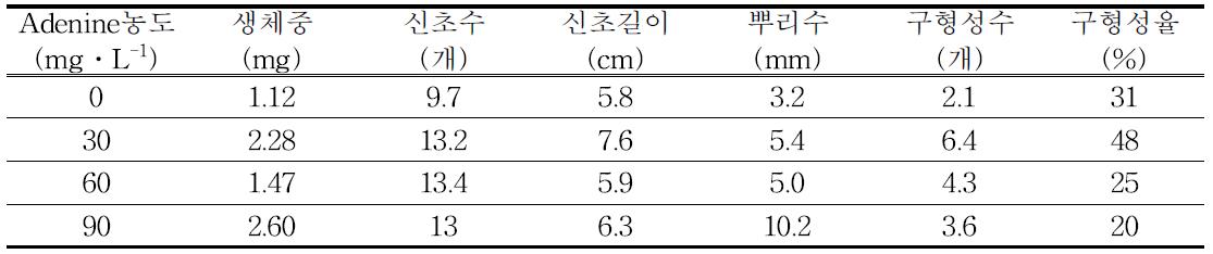 Adenine 첨가 농도에 따른 생육 및 구 특성