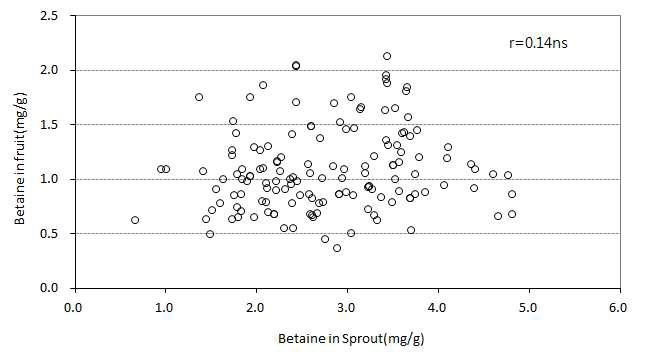 Simple correlation between the betaine content in sprout collected at 2 May and the betaine content in fruits collected at 24 August.