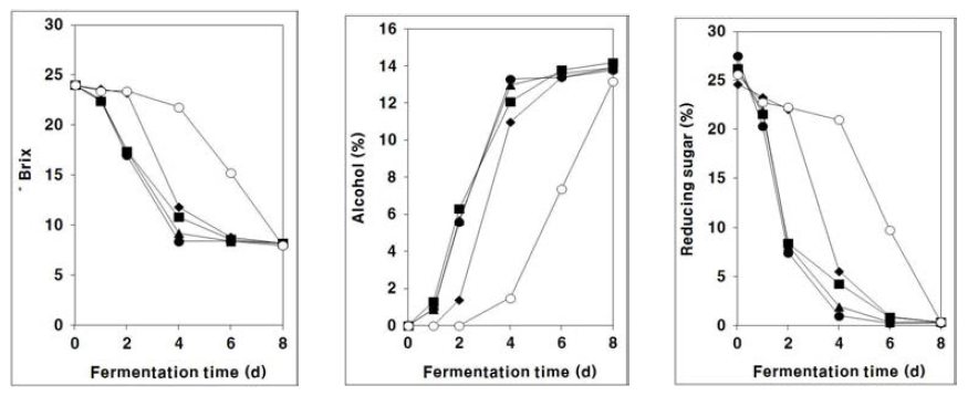 Changes in the soluble solid content (。Brix), alcohol and reducing sugar contents of wild grape must during fermentation.