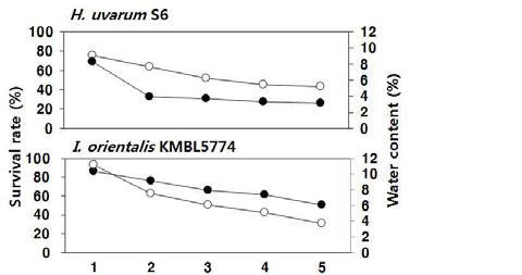 Effects of drying time on the survival rate and water content of air-blast dried H. uvarum S6 and I. orientalis KMBL5774 cells.