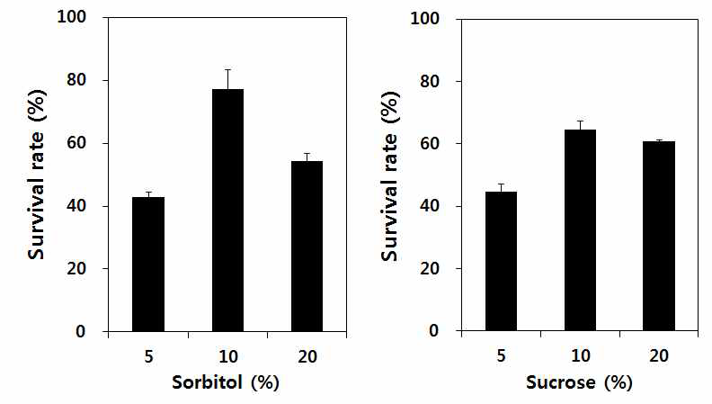 Effects of the concentration of sorbitol and sucrose in 10% skim milk on the survival rate of freeze dried L. plantarum cells.