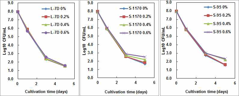 분산제 농도에 따른 S. cerevisiae Y204 액체종균의 생균수 확인