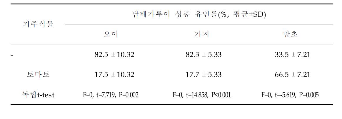 24시간 광실에서 토마토에 대한 오이, 가지, 망초의 양자간 담배가루이 유인률