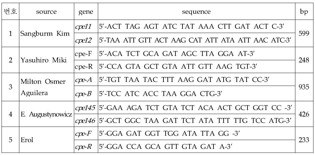 cpe 유전자 검출에 사용된 primer