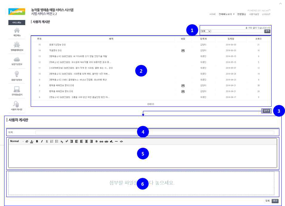 FarmIPM 사용자 게시판 화면