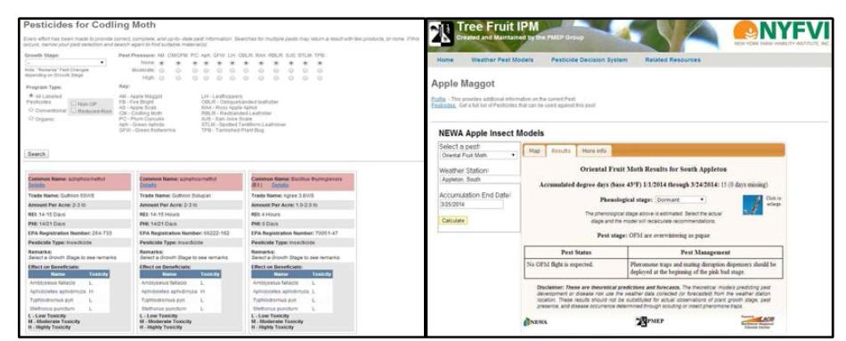 Treefruitipm.info의 사과 병해충 지역별 예측결과와 농약 선택 화면