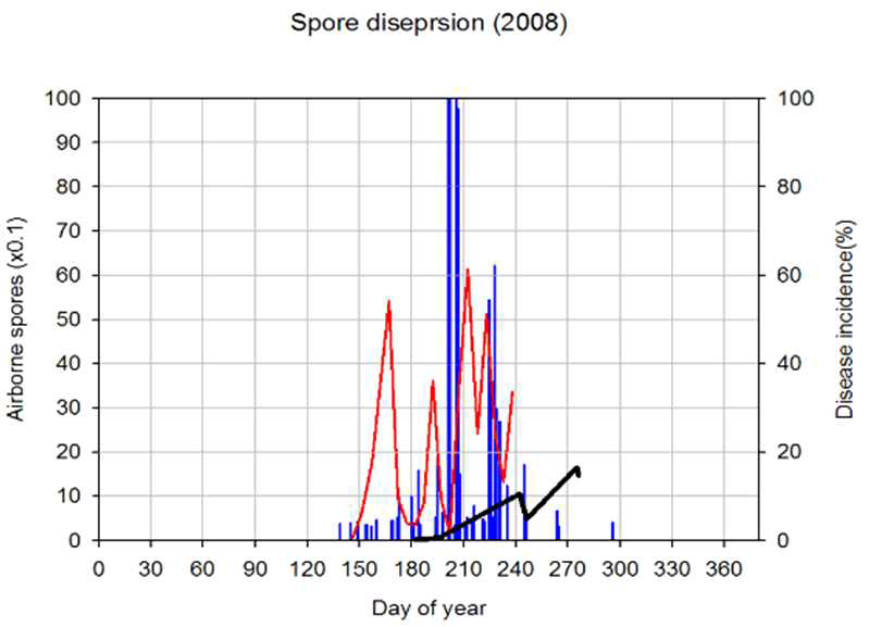 Model A에 의해 산출된 비산포자 예측량과 실제로 관측된 비산포자 채 집량 및 이병엽율 변화 (2008)