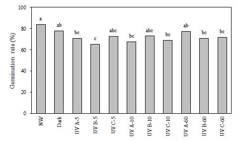 UV-A, B 및 C 조사 처리 후 비트 종자의 발아율.