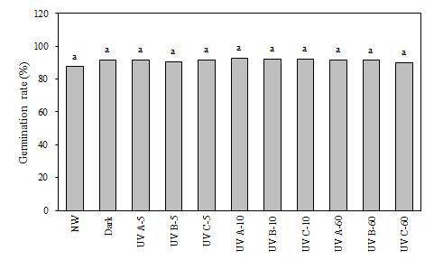 UV-A, B 및 C 조사 후 적양무순 종자의 발아율.