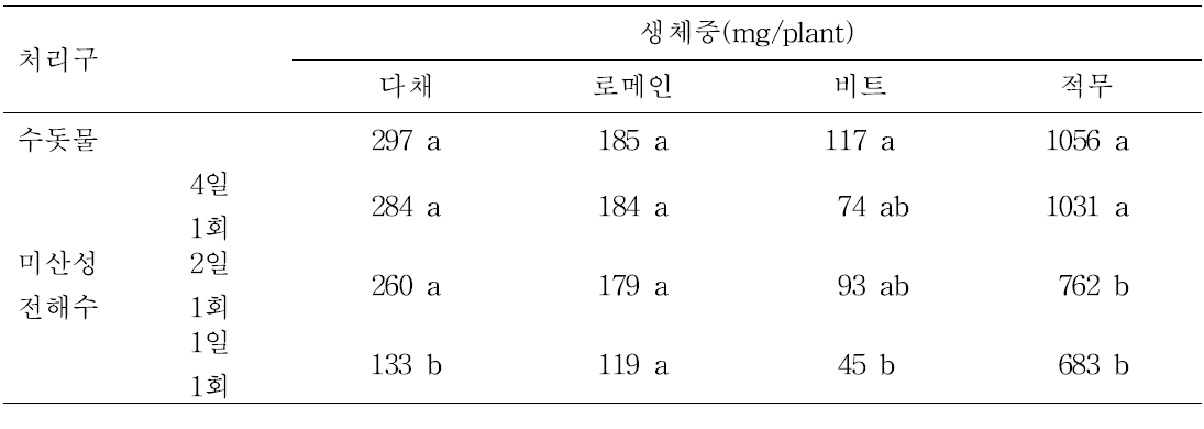 미산성전해수 원수 처리에 따른 어린잎채소의 생체중 변화.