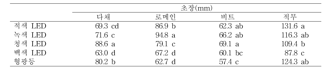 재배 중 광질에 따른 어린잎채소의 초장 변화.