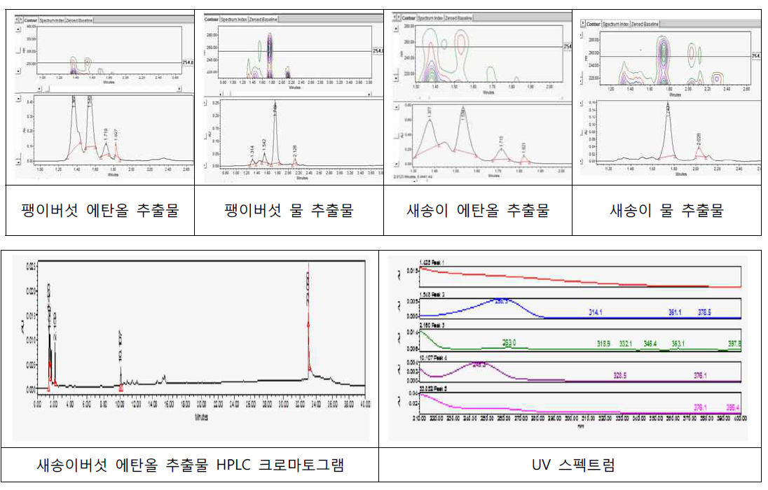 버섯추출물의 HPLC 스펙트럼 및 UV 스펙트럼