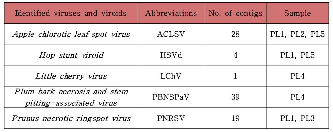 자두 감염 바이러스 및 바이로이드 동정 결과
