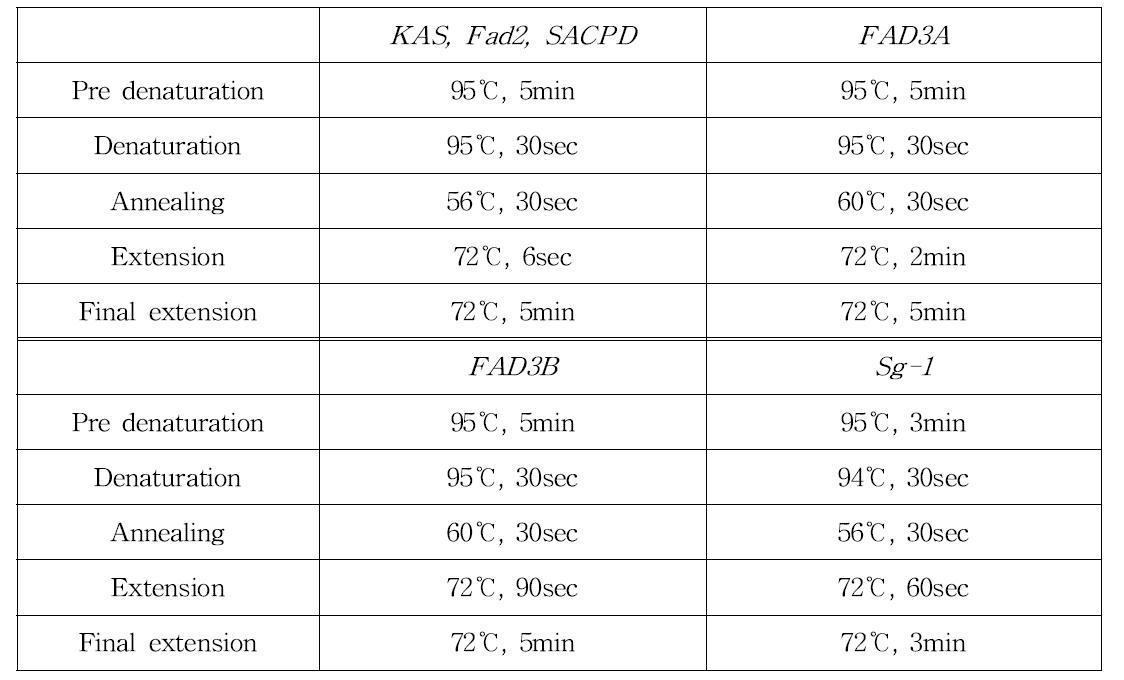 유전자 염기서열 분석을 위한 PCR 조건.