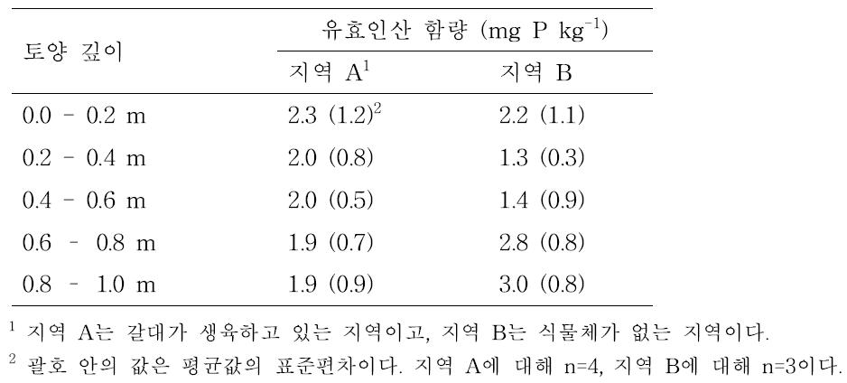 새만금 간척지 시험지역의 깊이별 유효인산 함량