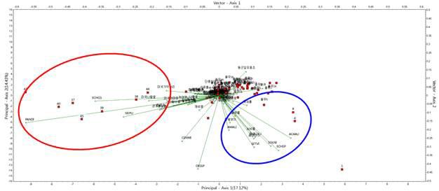 Result of PCA plot covariance in Coix lacryma-jobi var. mayuen fields.