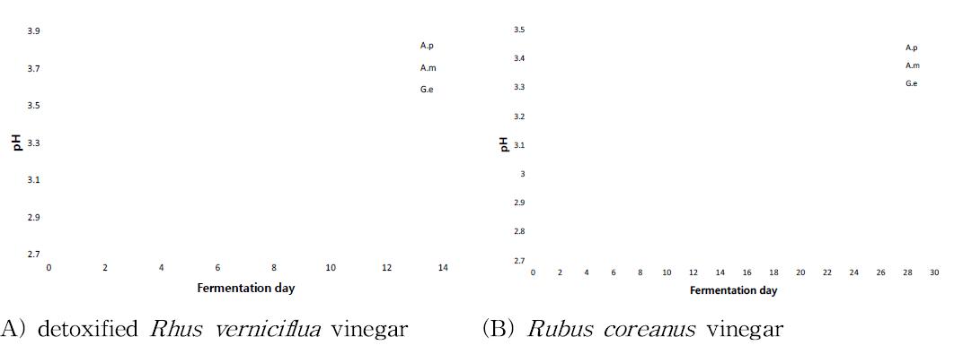Comparison of pH of vinegar produced by detoxified Rhus verniciflua & Rubus coreanus of various Acetobacter Bacteria