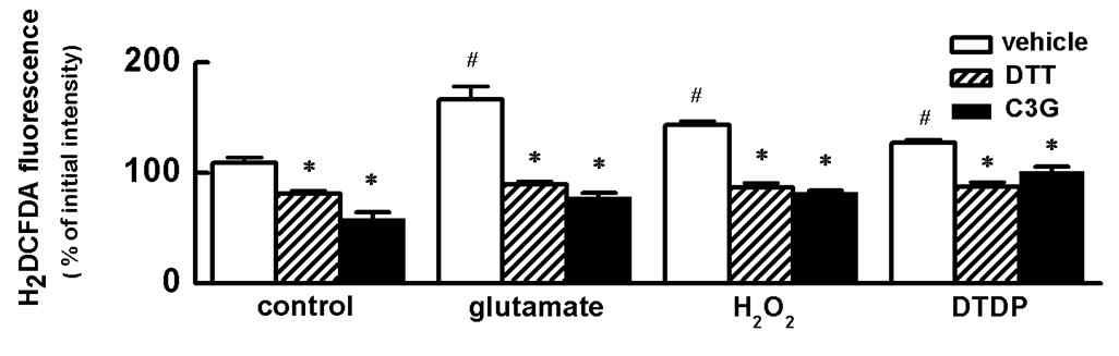 glutamate와 산화제들에 의한 ROS형성에 cyanidin-3-glucoside와 DTT의 억제효과