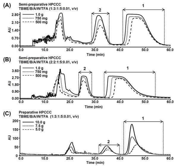 오디의 소용량 HPCCC 크로마토그램 (A, B) 및 대용량 HPCCC 크로마토그램 (C)