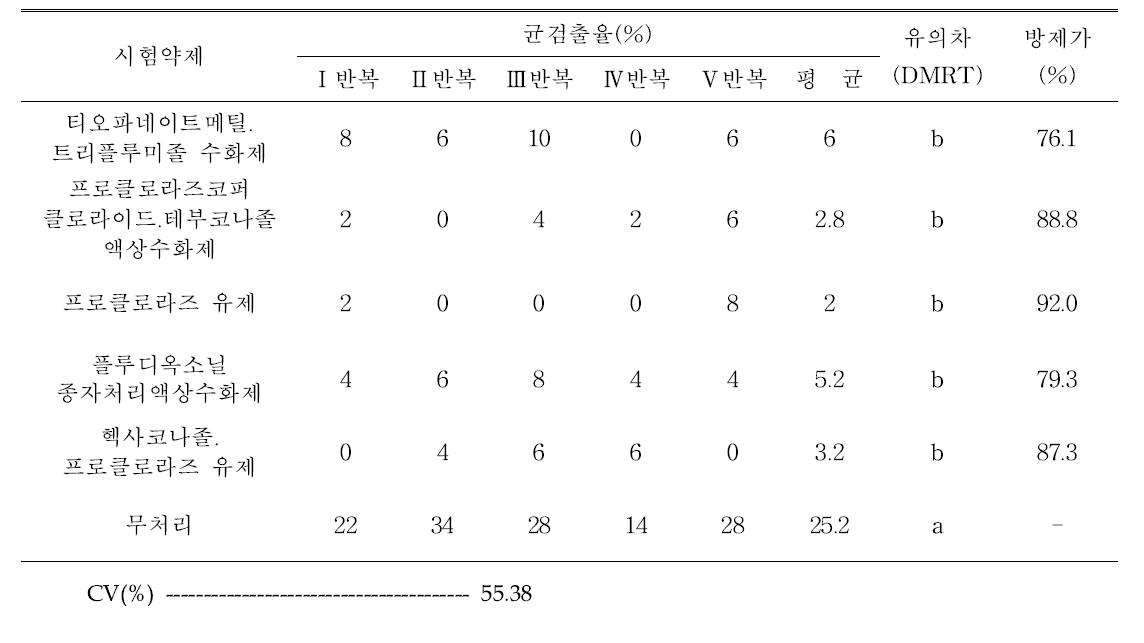 도라지 종자소독제 약효 2차 시험(Fusarium spp., 대상 치상 후 3일차)