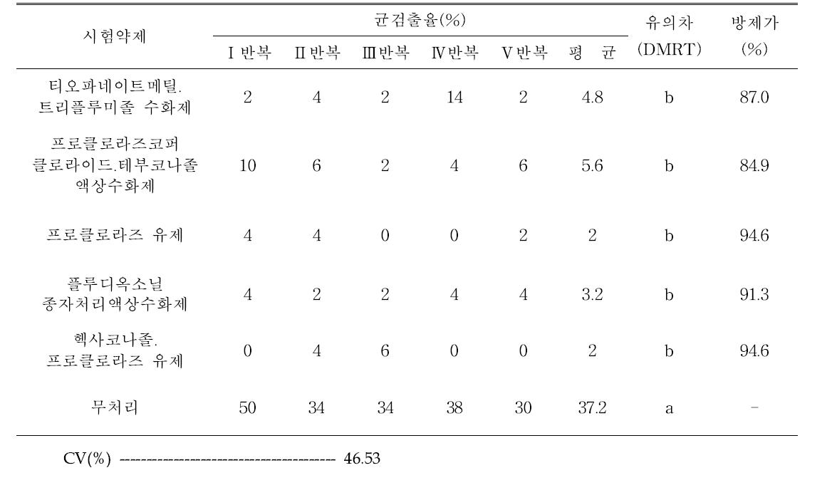 도라지 종자소독제 약효 2차 시험(Alternaria spp., 대상 치상 후 3일차)