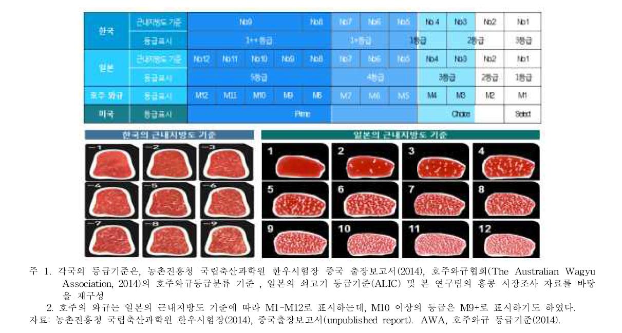 각국의 쇠고기 근내지방도 등급판정기준