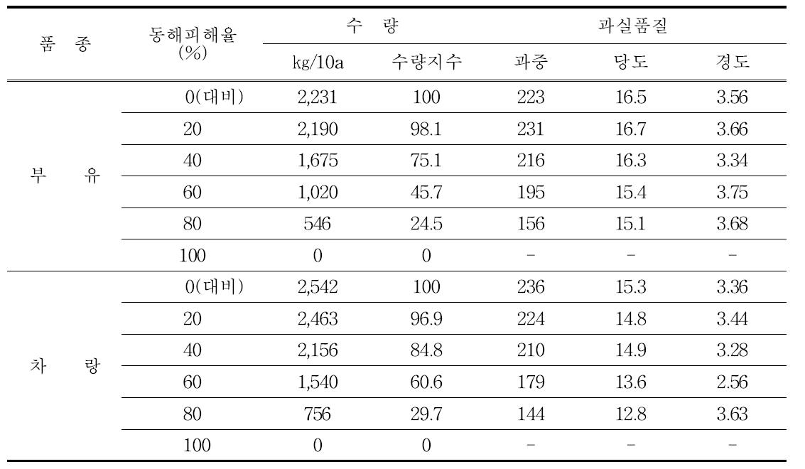 동해피해 단감의 품종별 당년수량 및 과실품질