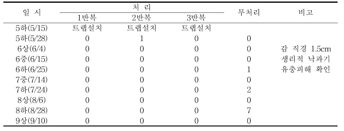 감꼭지나방 교미교란트랩 설치지역의 성충 포획량(2015)