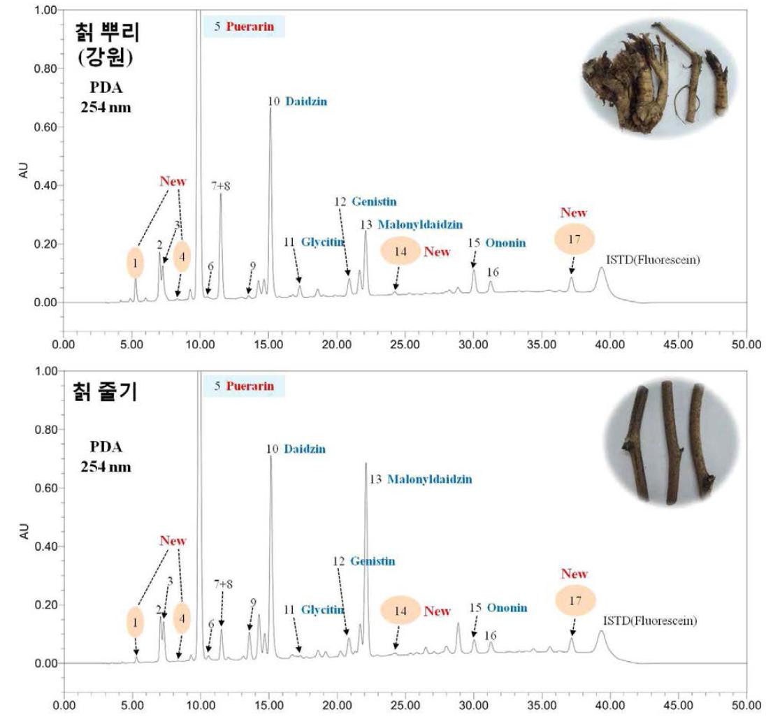 칡 뿌리 및 줄기 함유 이소플라본 배당체 17종의 크로마토그램
