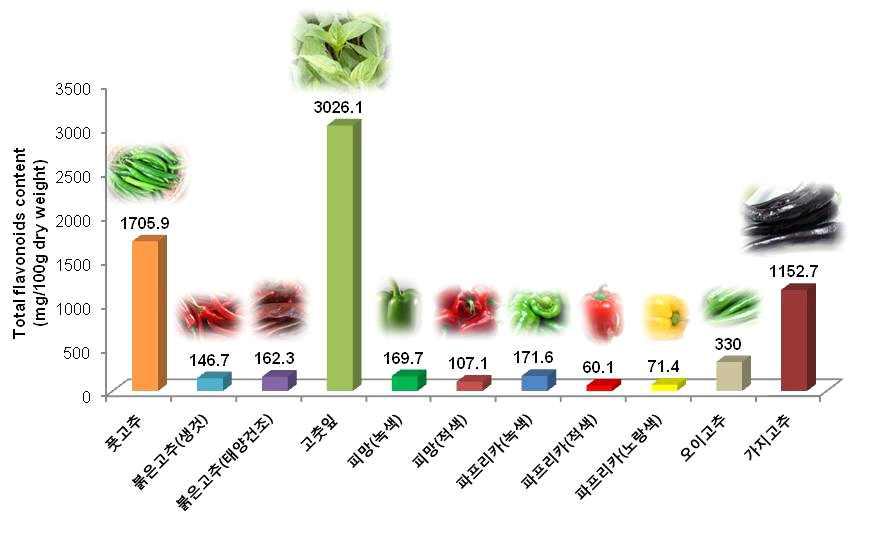 고추자원별 총 플라보노이드 함량 분포