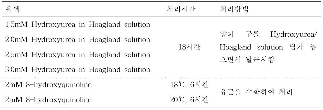 전처리 시약에 따른 중기상 arrest 실험.