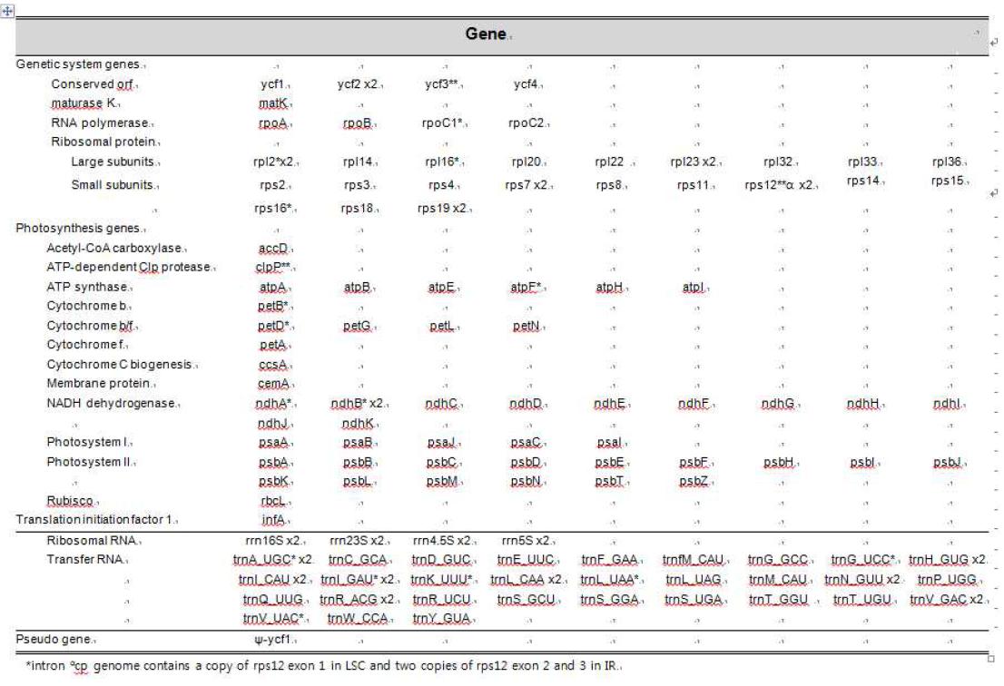 양파 엽록체 유전체의 유전자 조성.