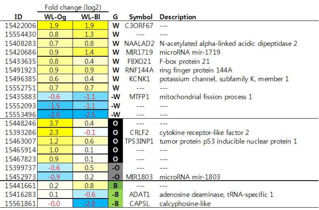 Differentially Expressed Genes (DEGs) and their groups (W) White Leghorn, (O) Yeonsan Ogye, (B) Hyunin Black