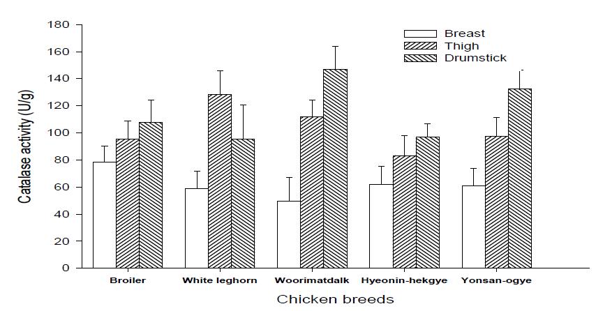 Catalase (CAT; Unit/g) of fresh and cooked meat of different muscle parts of Korean native chicken breeds compare with commercial poultry breeds