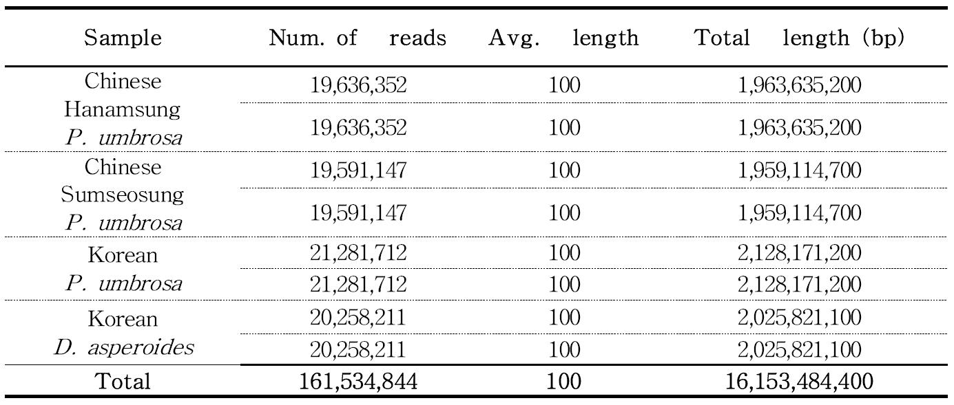 Comparison of short reads statistics with raw sequencing data of Chinese Hanamsung P. umbrosa, Chinese Sumseosung P. umbrosa, Korean P. umbrosa and Korean D. asperoides