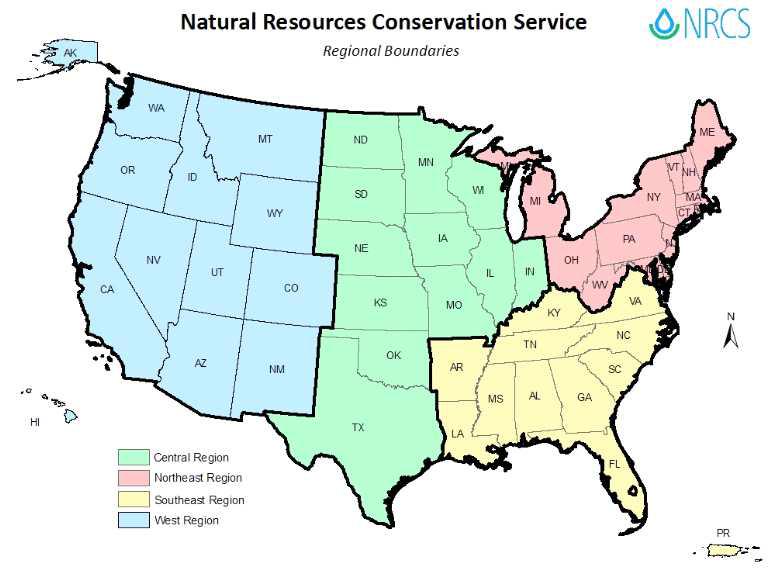 미농무성 NRCS의 4개 지역 사무소 권역