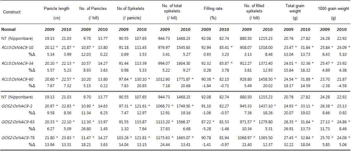 정상조건에서의 OsNAC9 형질전환체 농업형질 분석