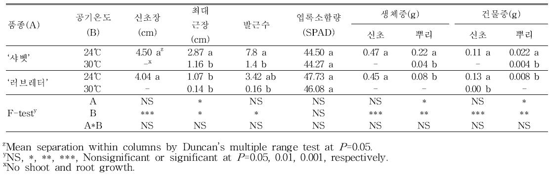 공기온도에 따른 장미 ‘샤벳’과 ‘러브레터’의 생육
