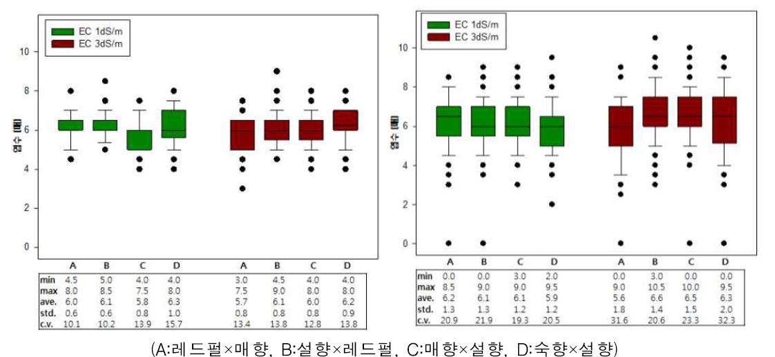 교배 조합별 조사 시기에 따른 전개 엽수 분포