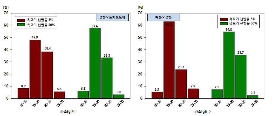 육묘기 실생 선발 강도에 따른 평균 과중별 개체 분포 비율