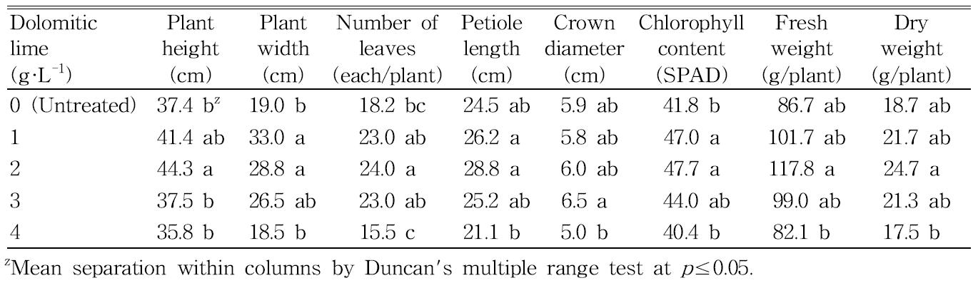 Influence of the various application rates of dolomitic lime in peatmoss+pine bark (5:5, v/v) medium as pre-planting nutrient charge fertilizer on the growth of mother plants 140 days after treatment in vegetative propagation of ‘Seolhyang’ strawberry.