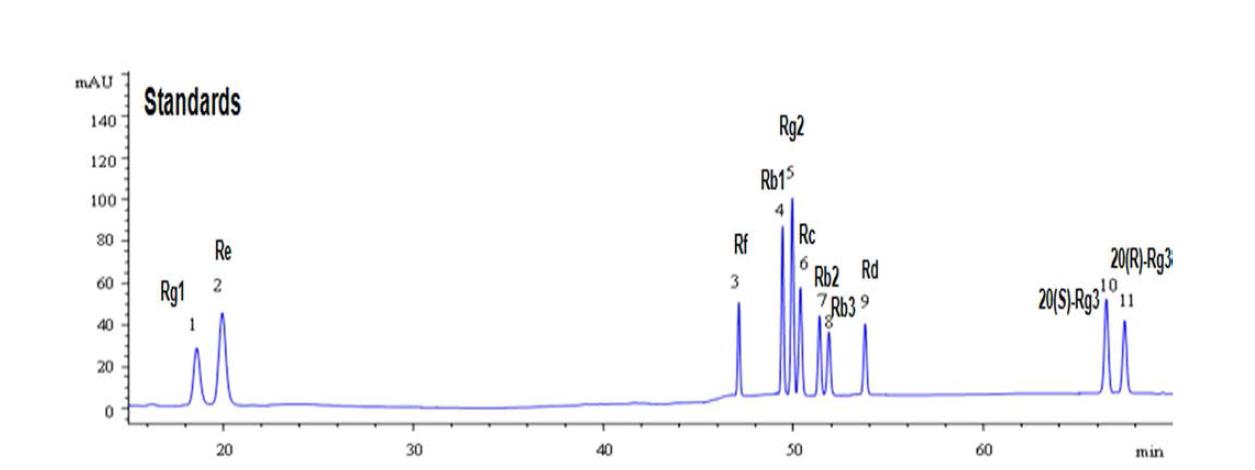 Typical HPLC chromatogram of ginsenoside reference standards.