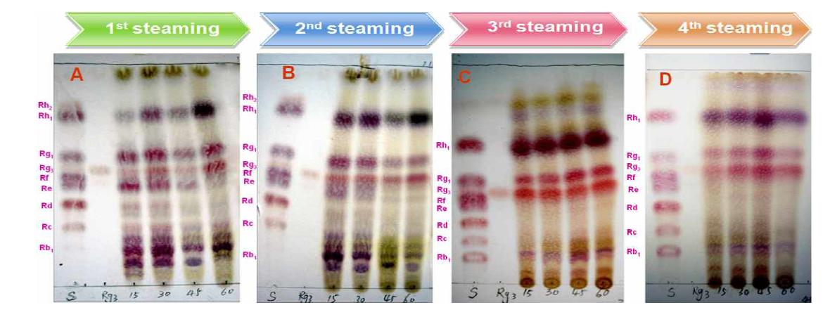 Thin layer chromatograms of total ginsenosides extracted from ginsengs steamed at 120oC in various times (15, 30, 45, and 60 min). Before steaming each time, ginsengs were soaked in grape juice for 24 h.