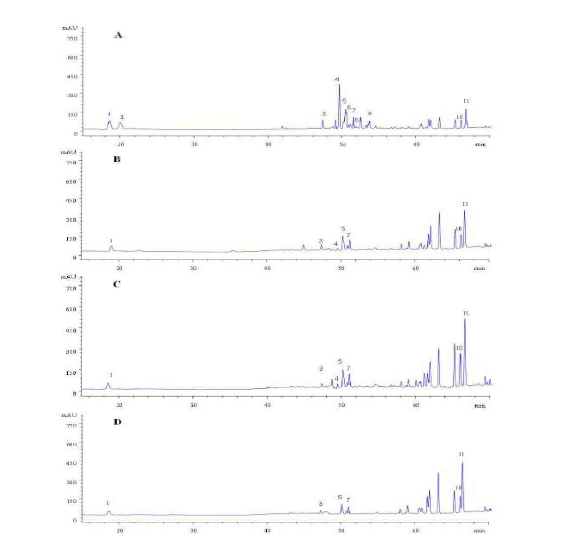 HPLC-UV chromatograms of total ginsenosides extracted from ginseng steamed 2 times at 120℃ in various times (15, 30, 45, and 60 min). Before steaming each time, ginsengs were soaked in grape juice for 24 h.