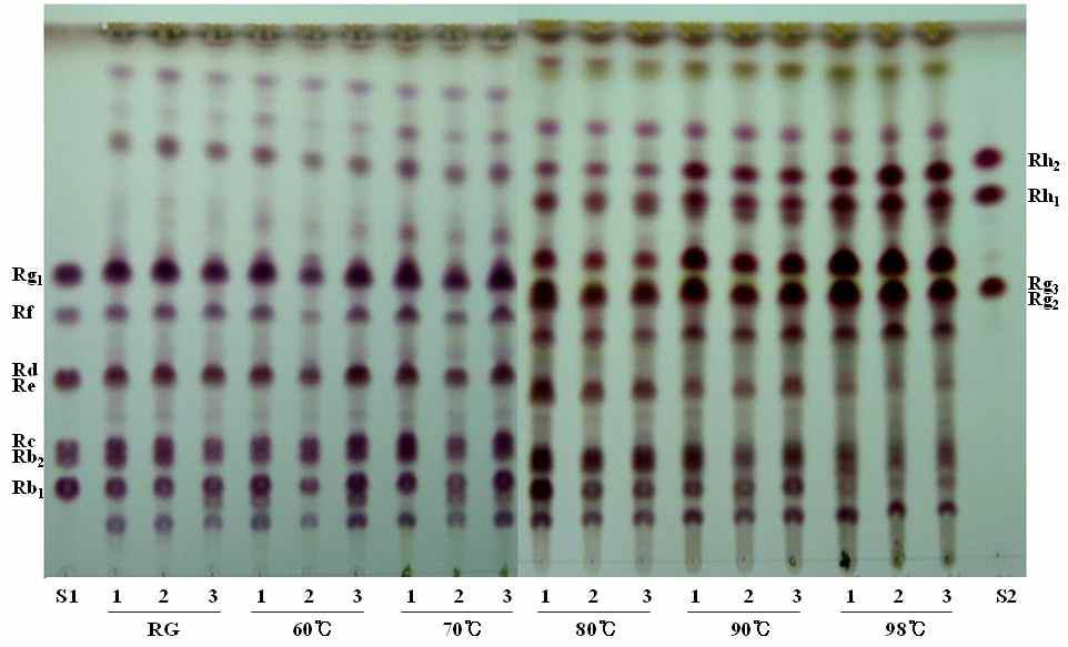 TLC of the red ginsengs processed by the steam heating processing at the various temperatures