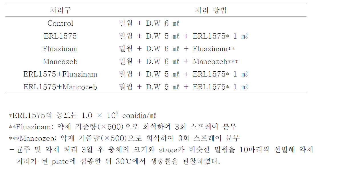 균주 및 약제 처리 기준표