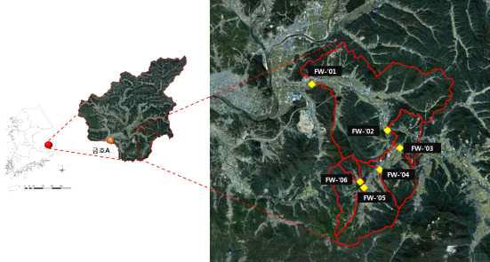 산간지역 대상유역 위치 및 모니터링 지점